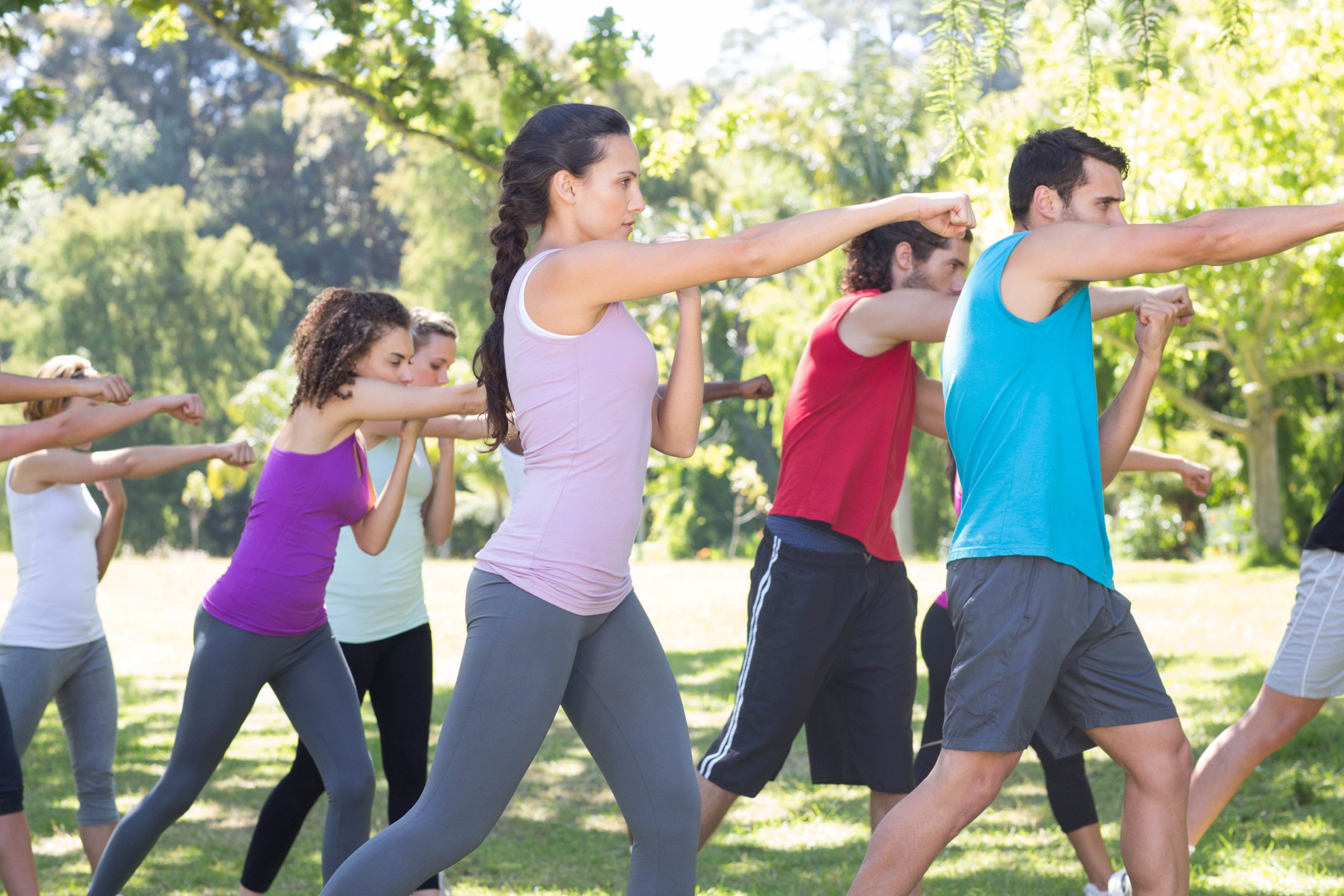 fitness group doing aerobic martial arts training outdoors